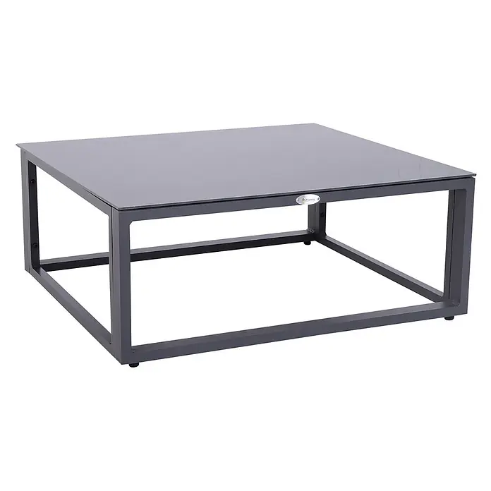Outsunny Loungemöbel-Set mit Tisch - 6 -tlg., Aluminium, Polyester, Hartglas, mit Abnehm- und Waschbaren Kissenbezügen, Grau - Quadratischer Couchtisch mit grauer Glasplatte und dunkelgrauem Metallgestell.