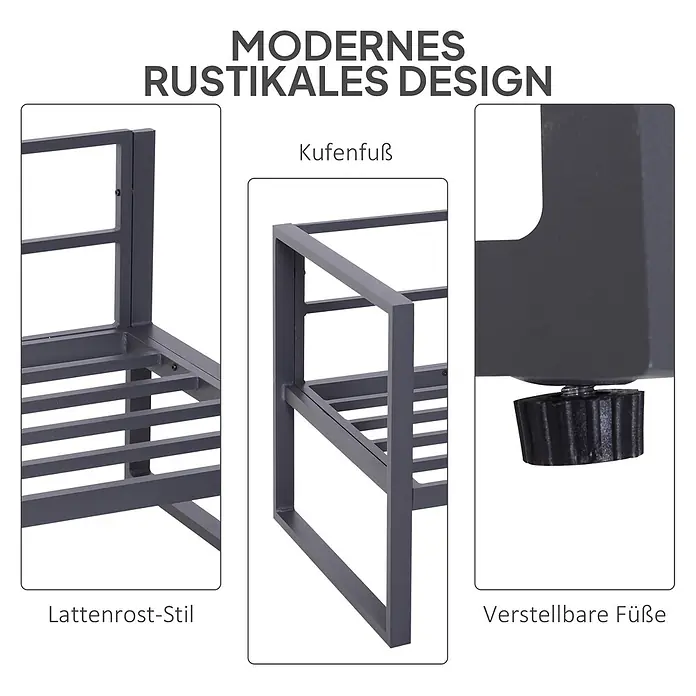 Outsunny Loungemöbel-Set mit Tisch - 6 -tlg., Aluminium, Polyester, Hartglas, mit Abnehm- und Waschbaren Kissenbezügen, Grau - Dunkelgraues Metallbettgestell mit Lattenrost, modernen Kufenfüßen und verstellbaren Nivellierfüßen.