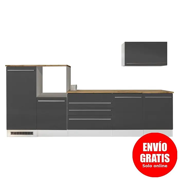 Respekta Cocina modular completa Gabriel - Ancho: 320 cm, Antracita, Sin electrodomésticos - Muebles de cocina gris oscuro con encimeras efecto madera y bases blancas, incluyendo bajos, cajones, estante abierto y un mueble de pared.