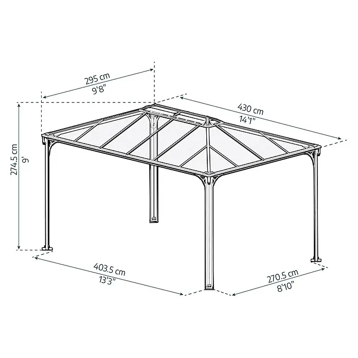 Palram – Canopia Pavillon Martinique 4300 - B x T: 430 x 295 cm, Farbe Gestell: Anthrazit, Aluminium - Strichzeichnung eines rechteckigen Pavillons mit Höhen-, Dach- und Basisabmessungen.