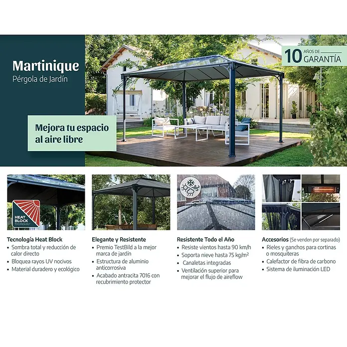 Palram – Canopia Pérgola estándar Martinique - An x Pr: 430 x 295 cm, Color del armazón: Antracita, Aluminio - Pérgola de jardín Martinique con estructura de aluminio gris oscuro y techo translúcido, dando sombra a muebles de exterior en una tarima.