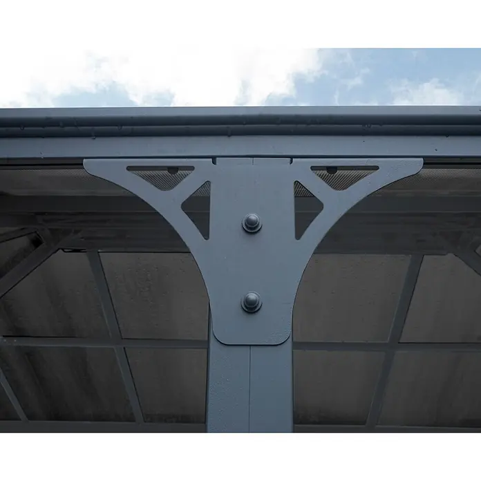 Palram – Canopia Pavillon Martinique 4300 - B x T: 430 x 295 cm, Farbe Gestell: Anthrazit, Aluminium - Dunkelgraue Metallstütze und Halterung, verschraubt, trägt durchsichtige Dachpaneele.