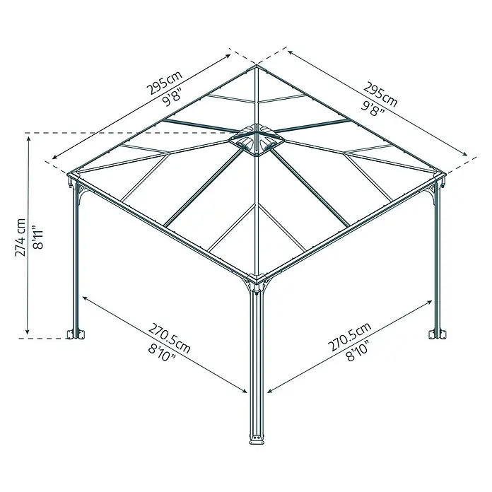 Palram – Canopia Pérgola estándar Palermo - An x Pr: 295 x 295 cm, Material del armazón: Aluminio, Gris - Dibujo acotado de un cenador, mostrando un ancho superior de 295cm, un ancho de base de 270,5cm y una altura de 274cm.