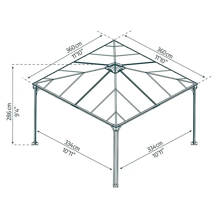 Palram – Canopia Pérgola estándar Palermo - An x Pr: 360 x 360 cm, Material del armazón: Aluminio, Gris - Dibujo lineal de un cenador de base cuadrada, 286cm de alto, 334cm de ancho lateral y 360cm de luz de techo.