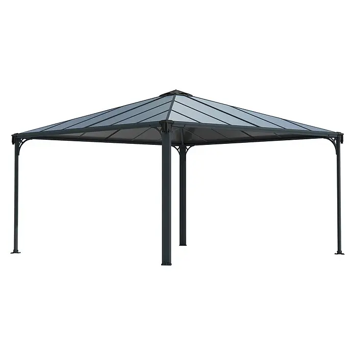 Palram – Canopia Pérgola estándar Martinique - An x Pr: 429 x 429 cm, Color del armazón: Antracita, Aluminio - Cenador de metal gris oscuro con techo poligonal translúcido gris ahumado para exteriores.