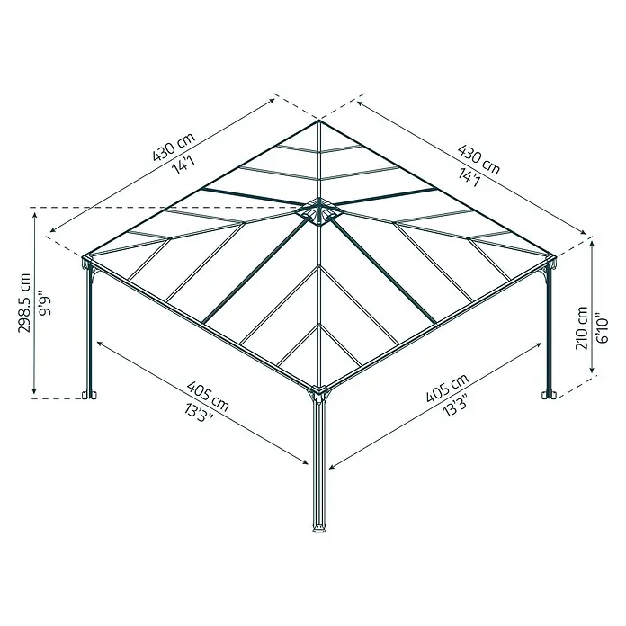 Palram – Canopia Pérgola estándar Martinique - An x Pr: 429 x 429 cm, Color del armazón: Antracita, Aluminio - Dibujo acotado de un cenador cuadrado, mostrando la altura total (298,5 cm) y la longitud de la base (405 cm).