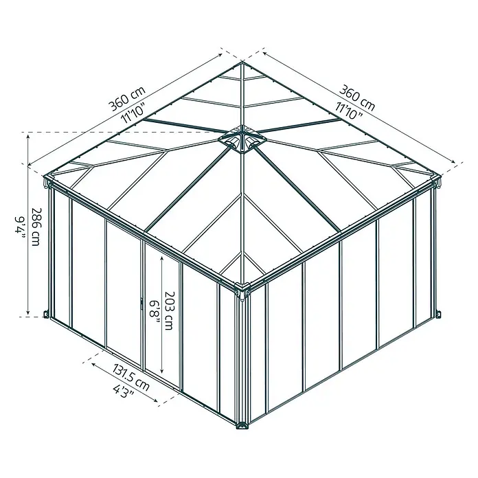 Palram – Canopia Pérgola de jardín cerrado Ledro - An x Pr: 360 x 360 cm, Color del armazón: Antracita, Aluminio - Dibujo acotado de un cenador de jardín cuadrado con techo facetado, mostrando ancho total, altura total y altura del panel lateral.