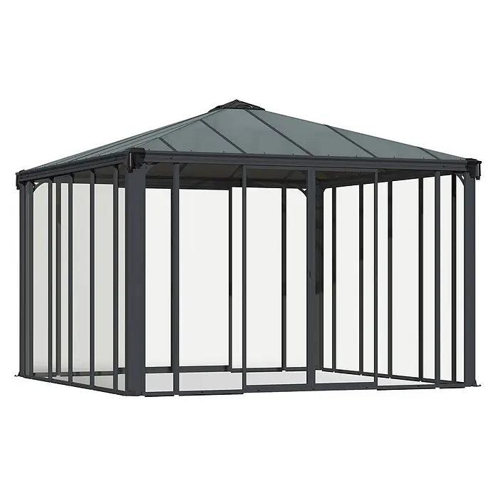 Palram – Canopia Pérgola de jardín cerrado Ledro - An x Pr: 360 x 360 cm, Color del armazón: Antracita, Aluminio - Cenador de metal gris oscuro con techo translúcido y paneles laterales transparentes.