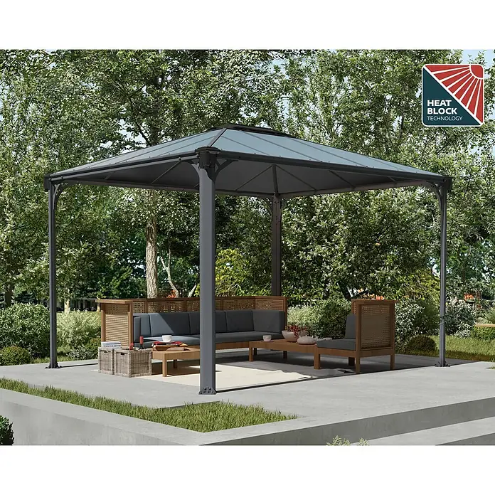 Palram – Canopia Pérgola estándar Martinique - An x Pr: 295 x 360 cm, Color del armazón: Antracita, Aluminio - Gran cenador gris con paneles de techo transparentes cubriendo asientos de exterior en un jardín.
