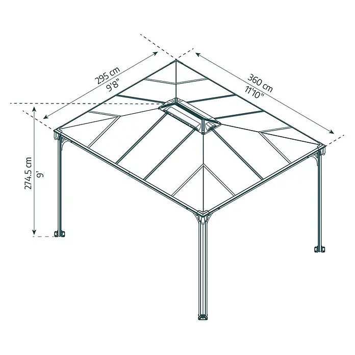 Palram – Canopia Pérgola estándar Martinique - An x Pr: 295 x 360 cm, Color del armazón: Antracita, Aluminio - Dibujo lineal de un cenador rectangular con techo a cuatro aguas, de 360x295 cm y 274,5 cm de alto.