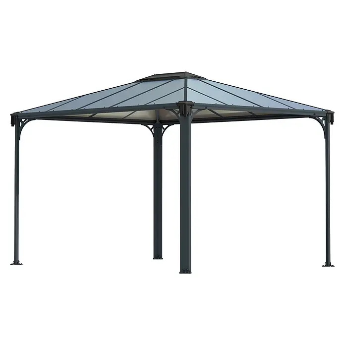 Palram – Canopia Pérgola estándar Martinique - An x Pr: 295 x 360 cm, Color del armazón: Antracita, Aluminio - Un cenador metálico gris oscuro con techo gris translúcido.