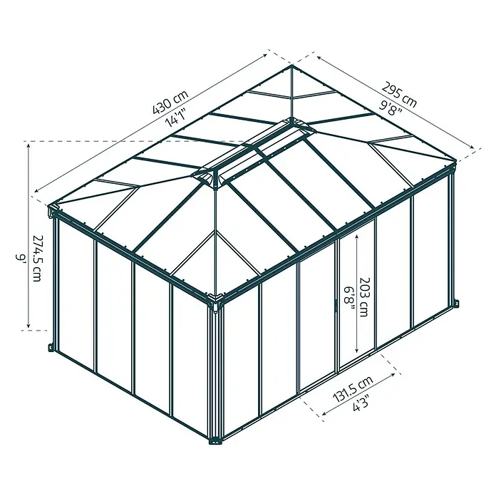 Palram – Canopia Gartenpavillon Ledro 4300 - B x T: 295,5 x 430 cm, Aluminium, Anthrazit - Rechteckiger Pavillon mit dunklem Rahmen und Schrägdach, technische Zeichnung mit Maßen.