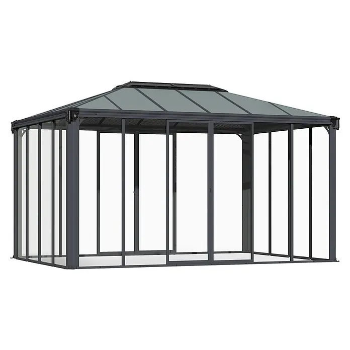 Palram – Canopia Gartenpavillon Ledro 4300 - B x T: 295,5 x 430 cm, Aluminium, Anthrazit - Anthrazitfarbener Gartenpavillon mit transluzentem Dach und transparenten Wänden.