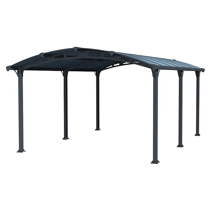 Palram – Canopia Carport Arcadia 5000 - Außenmaß inkl. Dachüberstand (B x T): 3,59 x 3,59 m, Doppelcarport, Grau - Dunkelgraues Metall-Carport mit gebogenem, durchscheinendem Dach und mehreren Stützpfosten.