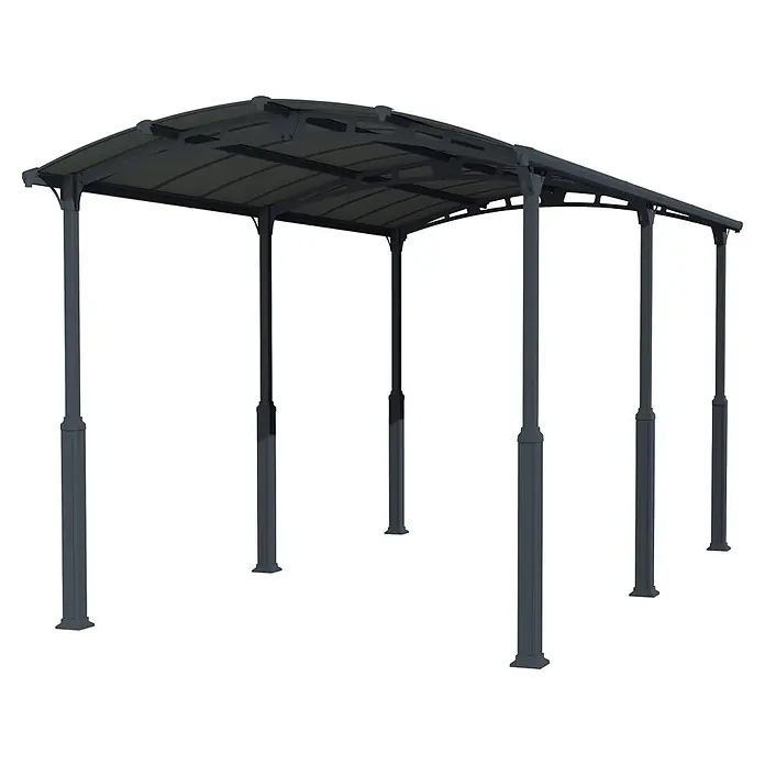 Palram – Canopia Carport Alpine - Medidas ext. (An x Pr): 3,59 x 6,49 m, Carport individual, Antracita - Cochera de metal gris oscuro con techo curvo semitransparente, sostenida por múltiples pilares.