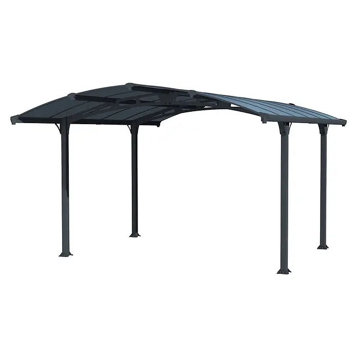 Palram – Canopia Carport Arcadia - Medidas ext. (An x Pr): 3,59 x 4,35 m, Carport doble, Gris - Garaje metálico gris oscuro con techo translúcido curvado.