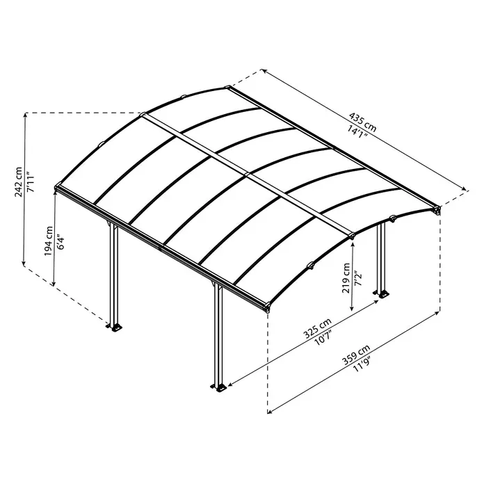 Palram – Canopia Carport Arcadia 4300 - Außenmaß inkl. Dachüberstand (B x T): 3,59 x 4,35 m, Doppelcarport, Grau - Carport mit dunklem Rahmen und gewölbtem, lichtdurchlässigem Dach, Maße angezeigt.