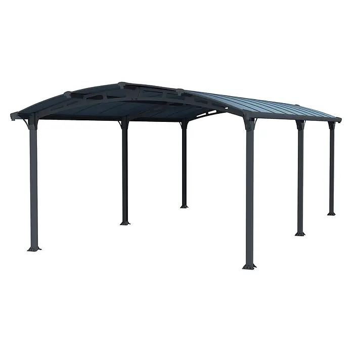 Palram – Canopia Carport Arcadia 6400 - Außenmaß inkl. Dachüberstand (B x T): 3,59 x 6,49 m, Doppelcarport, Grau - Dunkelgraues Metall-Carport mit gewölbtem, durchscheinendem Dach, ideal als Fahrzeug- oder Terrassenschutz.