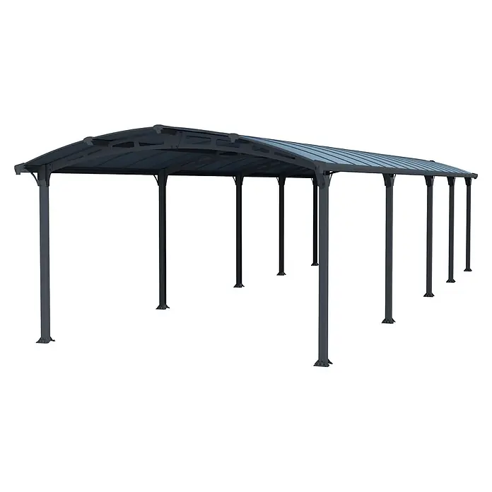 Palram – Canopia Carport Arcadia - Medidas ext. (An x Pr): 3,59 x 10,77 m, Carport doble, Gris - Carport de metal gris oscuro con techo curvo translúcido, sostenido por múltiples postes.