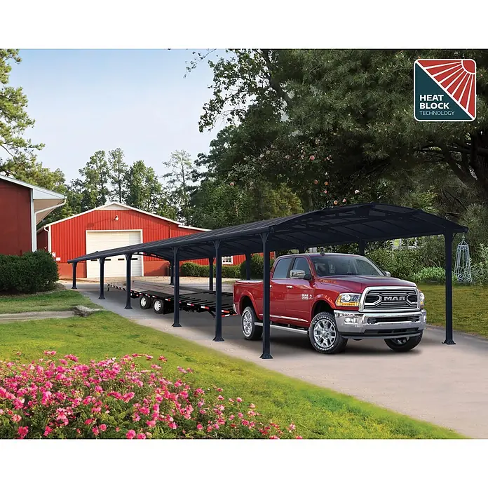 Palram – Canopia Carport Arcadia - Medidas ext. (An x Pr): 3,59 x 12,9 m, Carport doble, Gris - Largo carport gris oscuro protegiendo una camioneta roja y un remolque en una entrada.