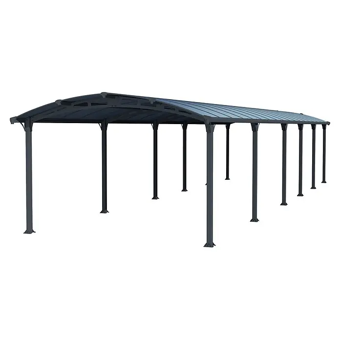 Palram – Canopia Carport Arcadia - Medidas ext. (An x Pr): 3,59 x 12,9 m, Carport doble, Gris - Carport de metal antracita con techo translúcido curvado, soportado por varios postes verticales.