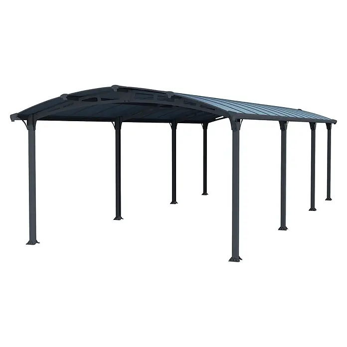 Palram – Canopia Carport Arcadia - Medidas ext. (An x Pr): 3,59 x 8,63 m, Carport doble, Gris - Garaje metálico gris oscuro con techo translúcido curvado, que ofrece refugio para vehículos o espacios exteriores.