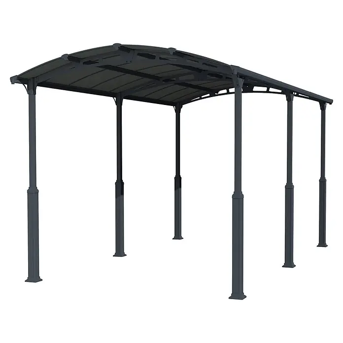 Palram – Canopia Carport Alpine - Medidas ext. (An x Pr): 3,59 x 8,63 m, Carport individual, Antracita - Cochera de metal gris oscuro con techo oscuro curvo y translúcido, sostenida por múltiples pilares robustos.