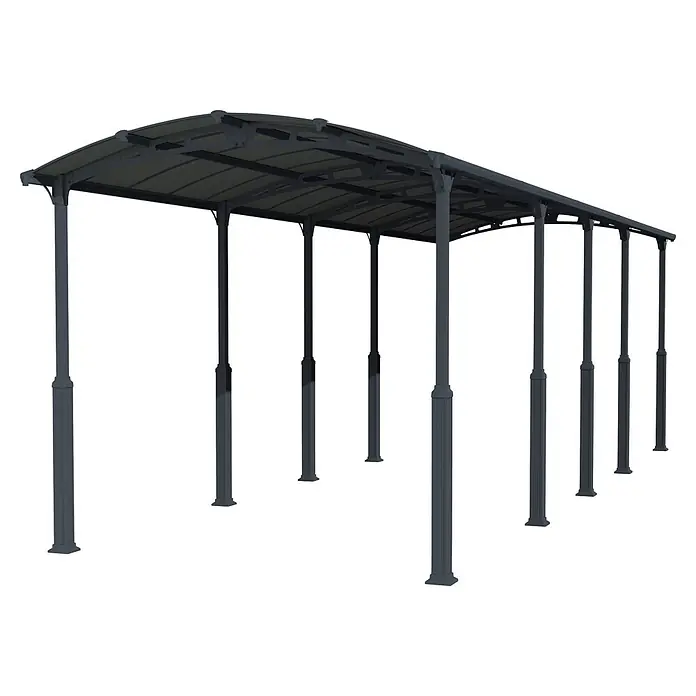 Palram – Canopia Carport Alpine - Medidas ext. (An x Pr): 3,59 x 10,77 m, Carport individual, Antracita - Cobertizo metálico gris oscuro con paneles de techo translúcidos y pilares.