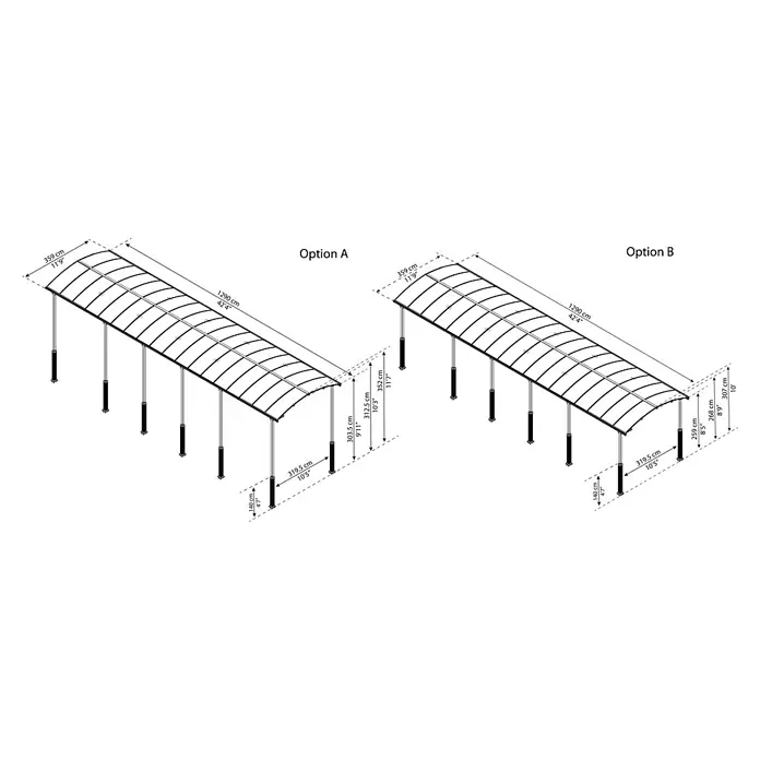 Palram – Canopia Carport Alpine - Medidas ext. (An x Pr): 3,59 x 12,9 m, Carport individual, Antracita - Dos marquesinas ilustradas, Opción A y B, mostrando diferentes dimensiones para un techo curvo y postes de soporte. La Opción A es más alta.