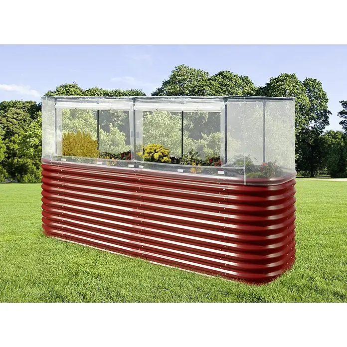 Vitavia Hochbeet-Abdeckung 858 Plus - 238 x 78 x 95 cm, Farbe: Transparent - Rotes Hochbeet mit Pflanzen und transparenter Abdeckung, ideal für Garten und Terrasse, robust und wetterfest.