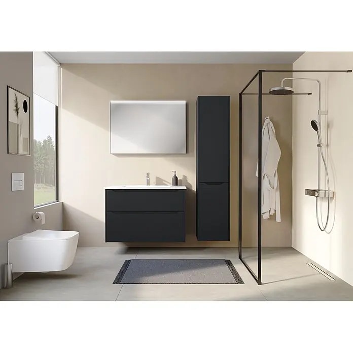 VitrA Hochschrank Integra Square - B x T x H: 40 x 37 x 180 cm, Graphit, Inklusive 3 Glasböden und Wäscheklappe, DIN Anschlag: Rechts - Anthrazitfarbener Waschtisch und Hochschrank mit weißem Waschbecken in modernem Bad.