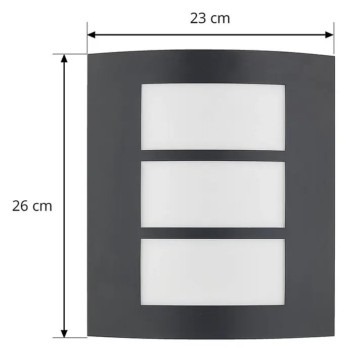 Lindby Außenwandleuchte Vimal - 9,5 x 23 x 26 cm, schwarz, schwarz, IP44 - Dunkelgraue Wandleuchte mit drei rechteckigen weißen Lichtfeldern, 23 cm breit und 26 cm hoch.