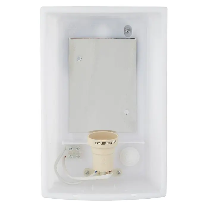 Lindby Außenwandleuchte Vimal - 9,5 x 23 x 26 cm, schwarz, schwarz, IP44 - Innenansicht einer weißen Kunststoffleuchte mit E27 LED max. 15W Lampenfassung, Verkabelung und Klemmenblock.