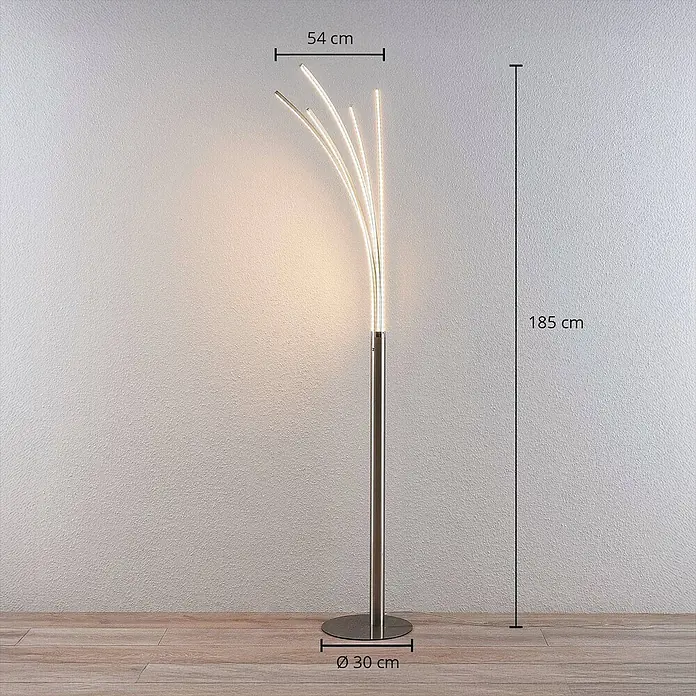 Lindby Stehleuchte Boba - Höhe: 185 cm, alu / grau / zink, alu / grau / zink - Moderne LED-Stehleuchte aus gebürstetem Stahl mit fünf leuchtenden, geschwungenen Ästen. H: 185 cm, B: 54 cm, Fuß Ø 30 cm.