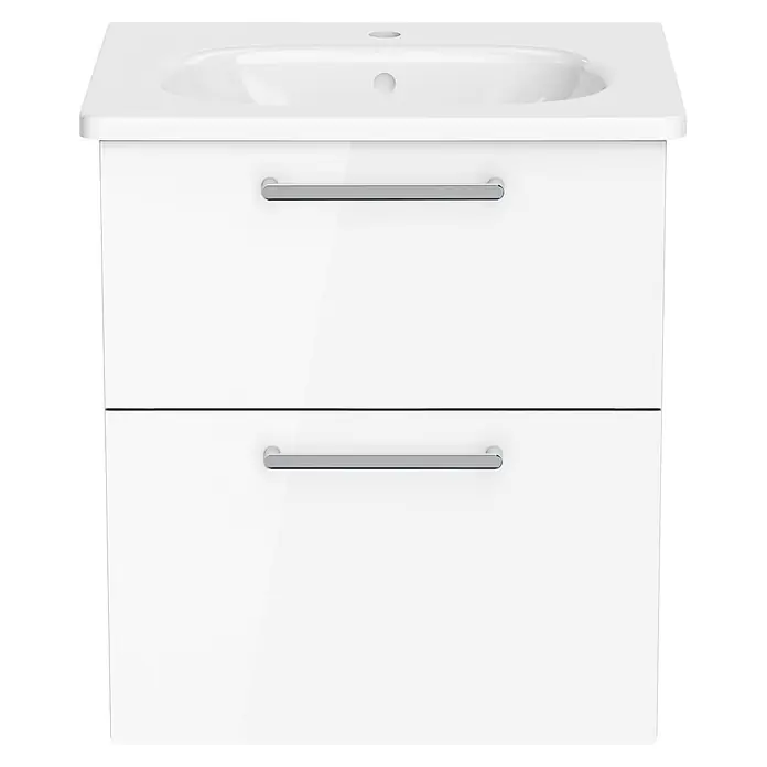 VitrA Badmöbel-Set Root Flat - B x T x H: 60 cm x 45 cm x 65 mm, Weiß, Hochglänzend - Weißer Badschrank mit zwei Schubladen und integriertem Waschbecken.