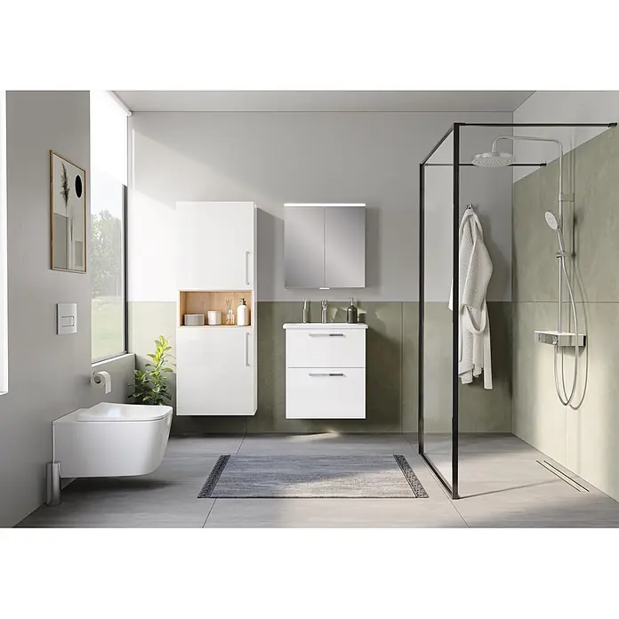 VitrA Hochschrank Root Flat - B x T x H: 57 x 27 x 155 cm, Weiß - Modernes Bad mit weißem Waschtisch, Spiegelschrank, Hochschrank, Wand-WC und begehbarer Dusche mit schwarzem Rahmen.