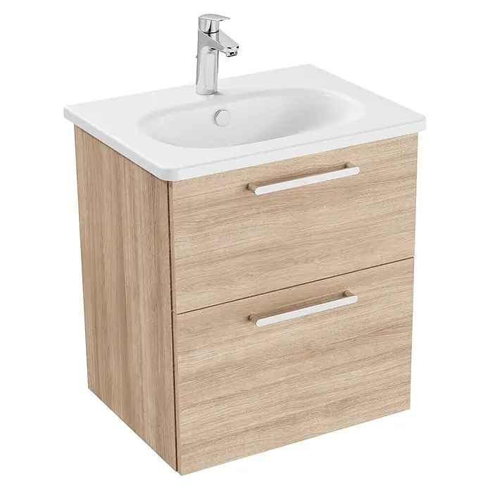 VitrA Badmöbel-Set Root Flat - Gesamtbreite Badmöbel: 60 cm, Eiche Natur - Badezimmermöbel aus hellem Holz mit weißem Keramikwaschbecken, Chromarmatur und zwei Schubladen mit silbernen Griffen.