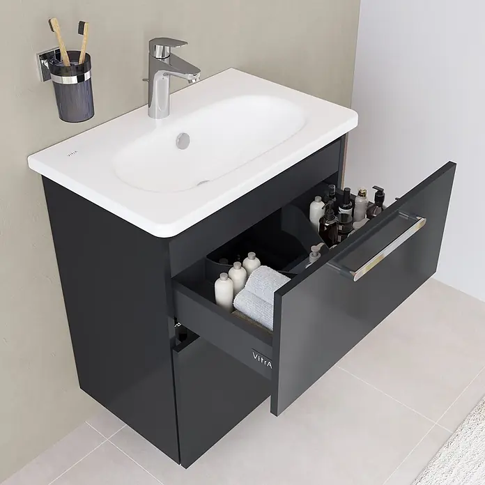 VitrA Badmöbel-Set Root Flat - B x T x H: 60 cm x 45 cm x 65 mm, Anthrazit, Hochglänzend - Dunkelgrauer Badezimmerschrank mit weißem integriertem Waschbecken und offener Schublade für Toilettenartikel.