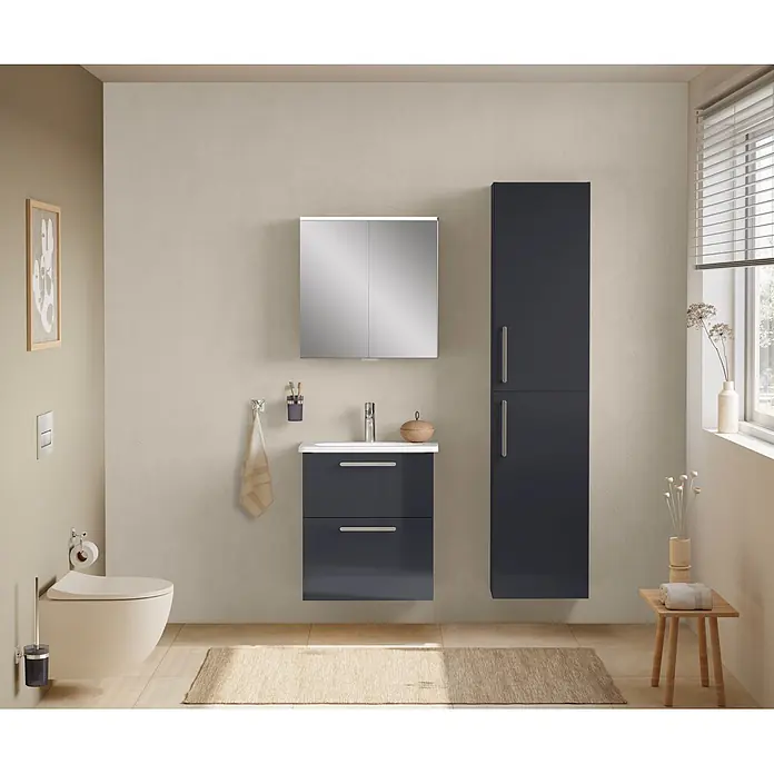 VitrA Badmöbel-Set Root Flat - B x T x H: 60 cm x 45 cm x 65 mm, Anthrazit, Hochglänzend - Modernes Bad mit dunkelgrauem Waschtischunterschrank, Waschbecken, Spiegelschrank und passendem Hochschrank.