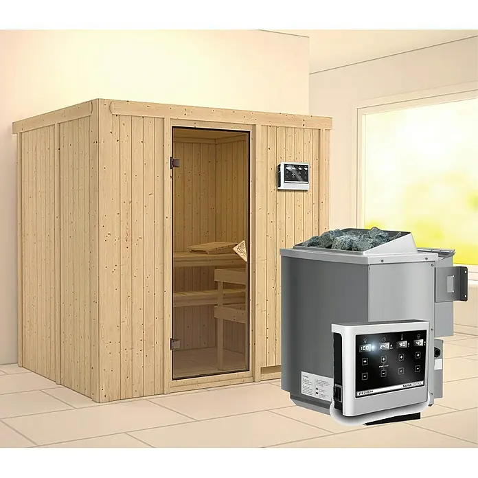 Karibu Elementsauna Bodin - Mit 9 kW Bio-Ofen mit externer Steuerung, Ohne Dachkranz, L x B x H: 196 x 151 x 192 cm - Abbildung einer Sauna mit Holzwänden, einer Glastür und einem Saunaofen mit Steinen.