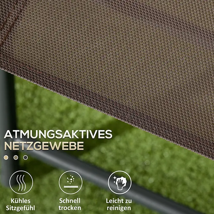 Outsunny Gartenstuhl-Set mit Tisch - 2 Stk., Stahl, gehärtetes Glas, Netzstoff, Klappbar, Braun, B x T x H: 64 x 64 x 93 cm - Braunes atmungsaktives Netzgewebe mit gewebter Textur, für eine kühle, schnell trocknende und leicht zu reinigende Oberfläche.