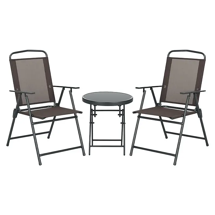 Outsunny Gartenstuhl-Set mit Tisch - 2 Stk., Stahl, gehärtetes Glas, Netzstoff, Klappbar, Braun, B x T x H: 64 x 64 x 93 cm - Klappbares Bistrotisch-Set mit zwei braunen Netzstühlen und einem Tisch mit dunkler Glasplatte.