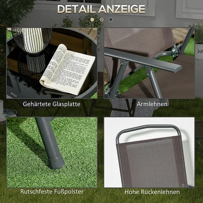 Outsunny Gartenstuhl-Set mit Tisch - 2 Stk., Stahl, gehärtetes Glas, Netzstoff, Klappbar, Braun, B x T x H: 64 x 64 x 93 cm - Detailansichten einer braunen und dunkelgrauen Gartenmöbelgarnitur mit gehärteter Glasplatte, Armlehnen, rutschfesten Fußpolstern und hohen Rückenlehnen.