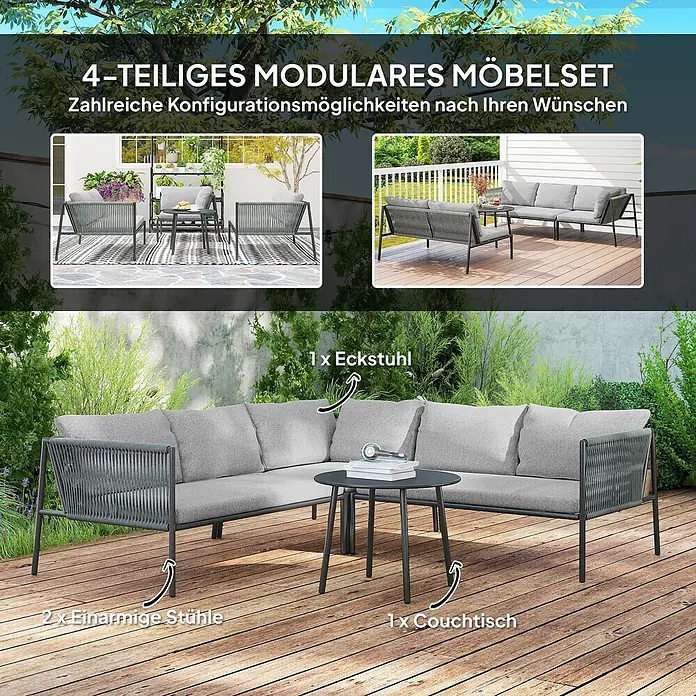 Outsunny Gartenstuhl-Set Polyrattan Lounge-Set -  - Graues 4-teiliges modulares Outdoor-Möbelset mit geflochtenem Seildesign, hellgrauen Kissen, 2 einarmigen Stühlen, 1 Eckstuhl und 1 Couchtisch.