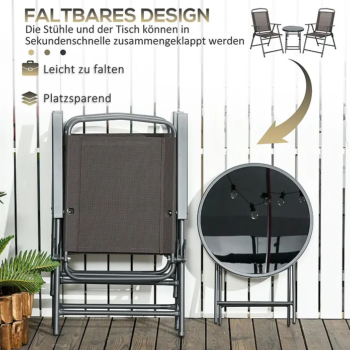 Outsunny Gartenstuhl-Set mit Tisch - 2 Stk., Stahl, gehärtetes Glas, Netzstoff, Klappbar, Braun, B x T x H: 64 x 64 x 93 cm - Geklappter brauner Outdoor-Stuhl und schwarzer Klapptisch mit grauen Gestellen, zeigt platzsparendes Design.