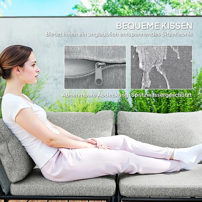 Outsunny Gartenstuhl-Set Polyrattan Lounge-Set -  - Eine Frau entspannt auf einem grauen Outdoor-Sofa mit bequemen Kissen. Die Kissenbezüge sind abnehmbar und spritzwassergeschützt.