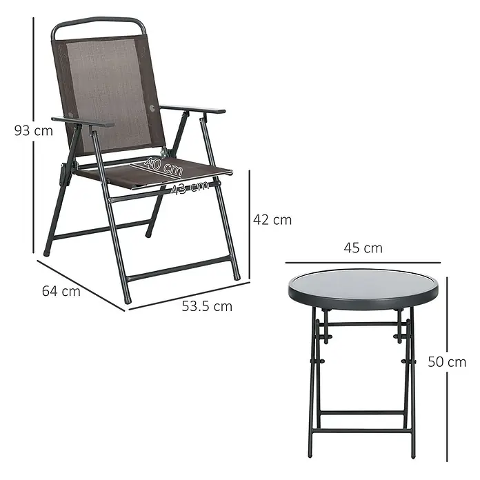 Outsunny Gartenstuhl-Set mit Tisch - 2 Stk., Stahl, gehärtetes Glas, Netzstoff, Klappbar, Braun, B x T x H: 64 x 64 x 93 cm - Dunkelgrauer Klappstuhl aus Metall mit braunem Netzgewebe und passender runder Klapptisch mit Glasplatte, Maße angezeigt.