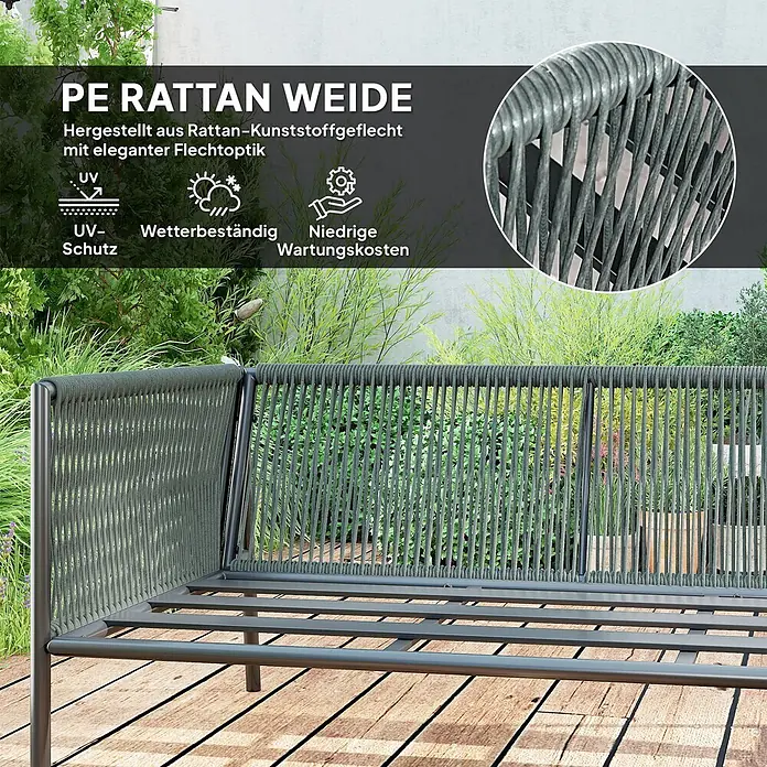 Outsunny Gartenstuhl-Set Polyrattan Lounge-Set -  - Dunkelgraue PE Rattan Gartenbank/Tagesbettgestell mit eleganter Flechtoptik auf Holzterrasse.