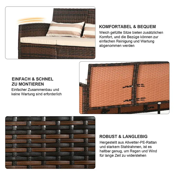 Outsunny Gartenstuhl-Set Outdoor-Sitzecke 3-teilig - 3 Stk., Stahl, PE-Kunststoff, Polyester - Braunes PE-Rattan-Gartensofa mit cremefarbenen Kissen. Robust, wetterfest, bequem und einfach zu montieren.