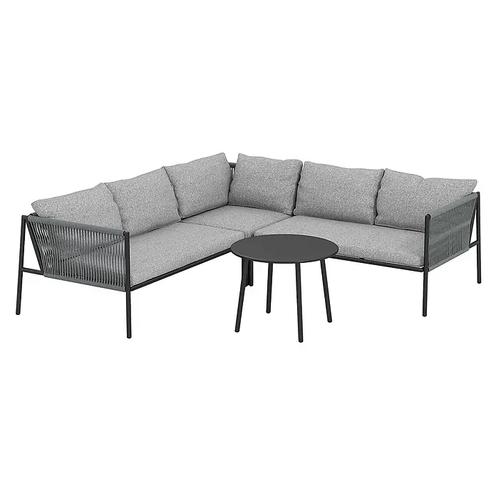 Outsunny Gartenstuhl-Set Polyrattan Lounge-Set -  - Graues Outdoor-Ecksofa mit schwarzem Metallrahmen, Seildetails und hellgrauen Kissen, dazu ein kleiner dunkelgrauer runder Tisch.